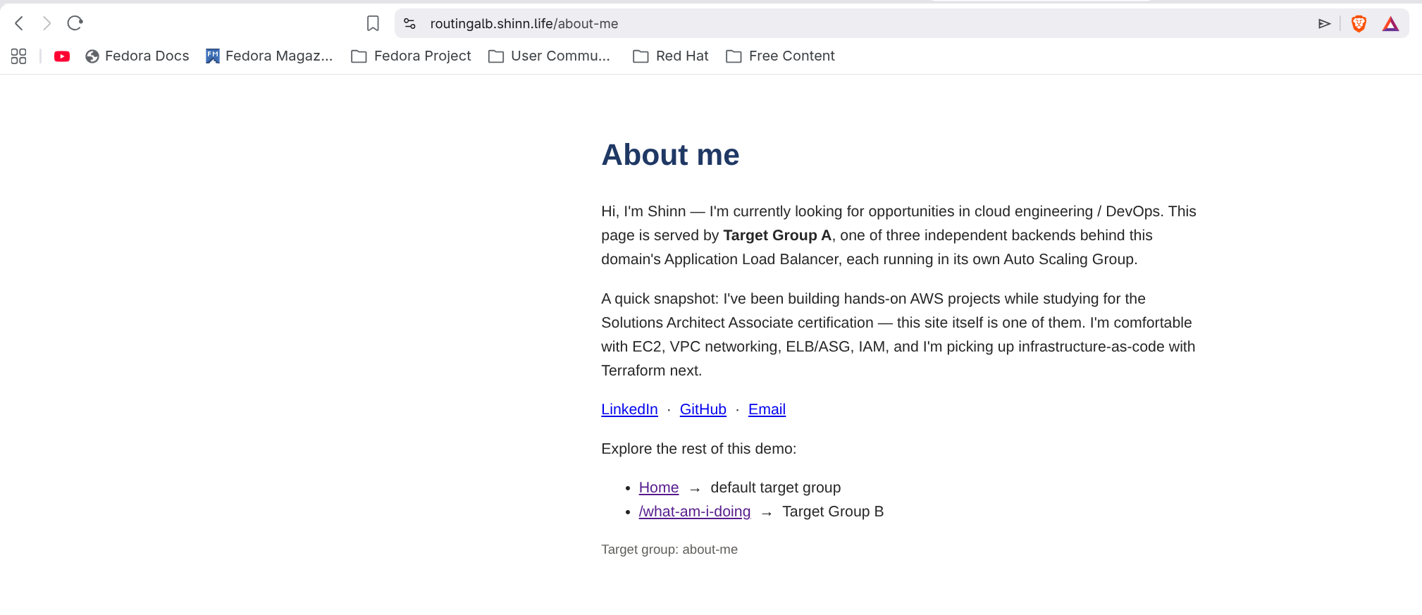 The /about-me path served by a separate backend (Target Group A)