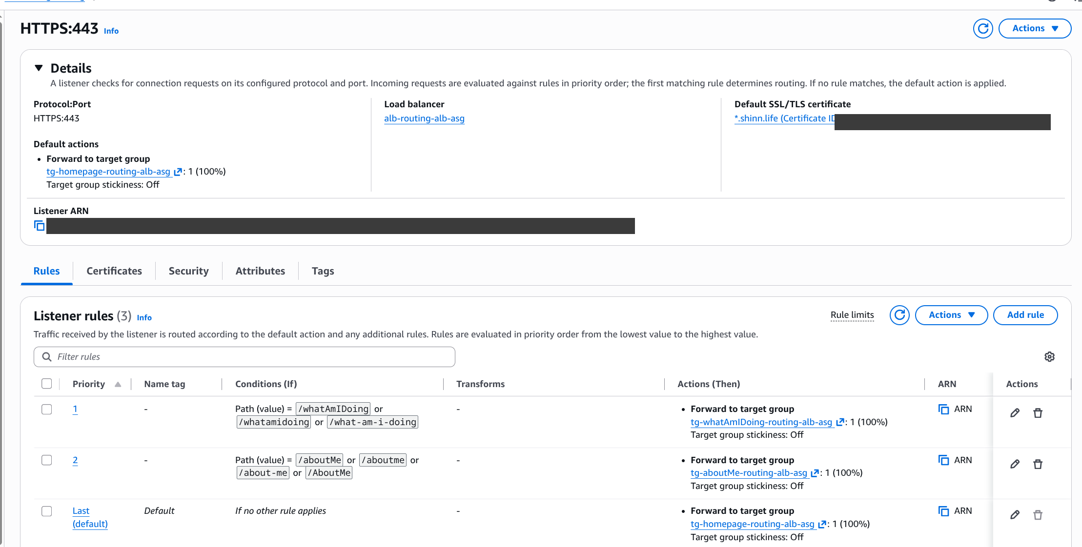 ALB HTTPS listener showing the three path-based routing rules in priority order