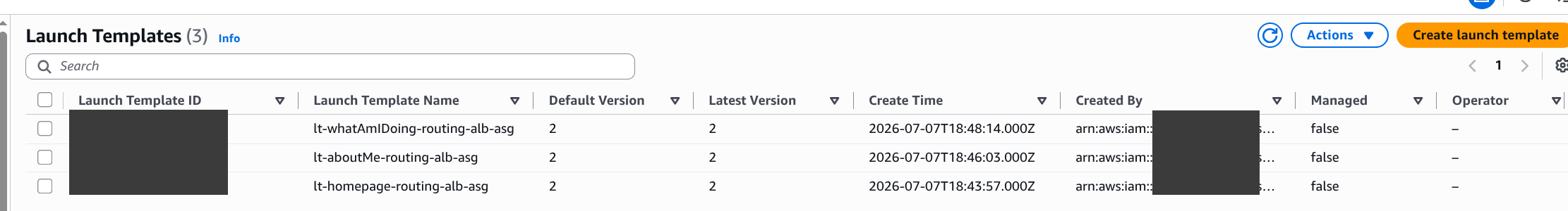 Three EC2 launch templates, one per backend, bootstrapping instances via User Data