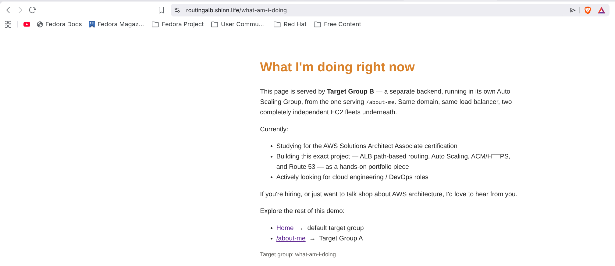 The /what-am-i-doing path served by a third independent backend (Target Group B)